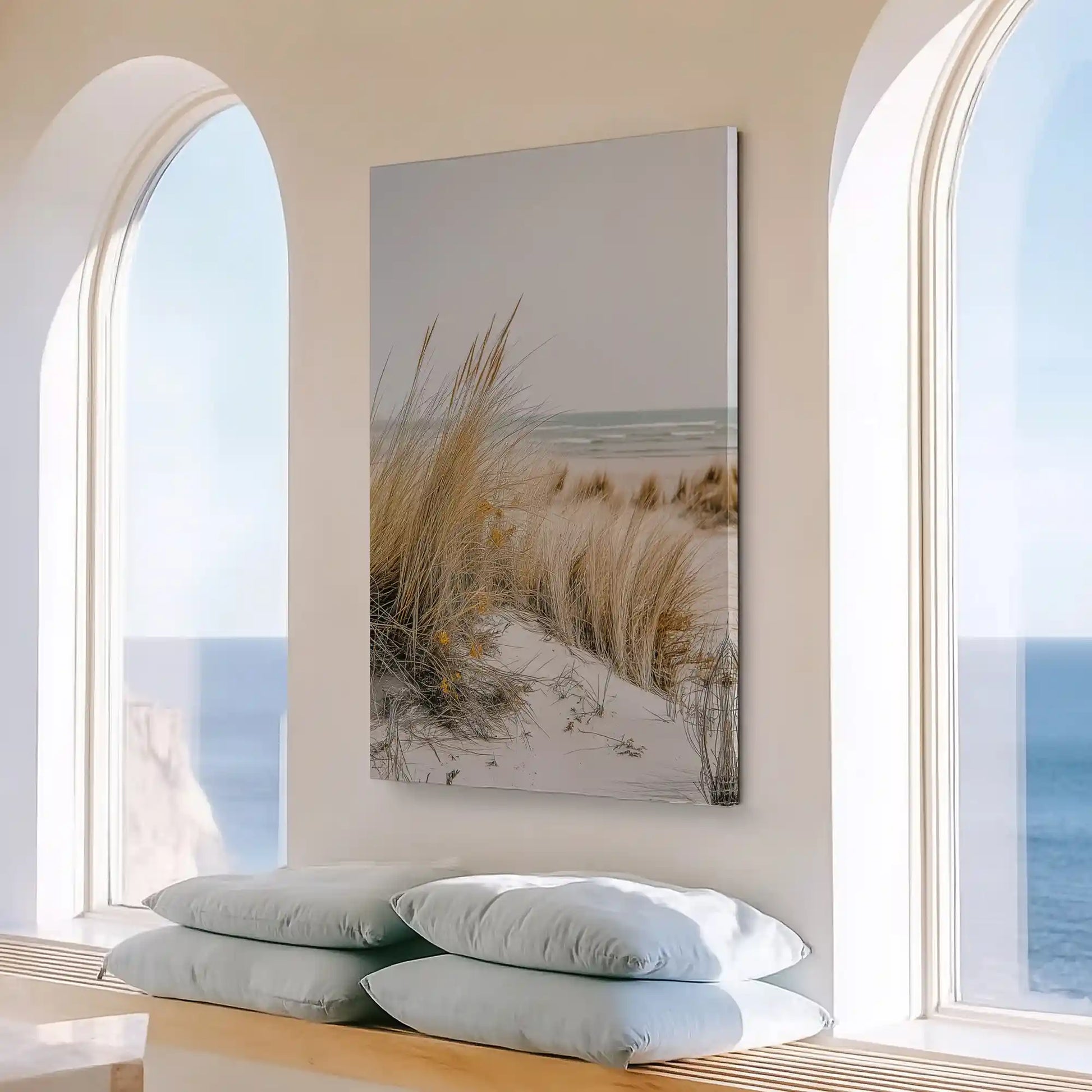 Large vertical dune painting perfect for enhancing bright contemporary living room walls