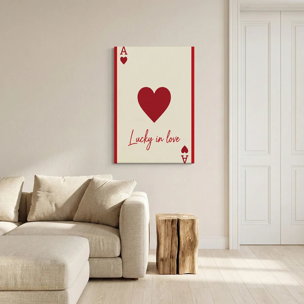 Modern canvas wall decor with a vertical layout, featuring a bold red heart and the phrase 'Lucky in love' in a high-contrast palette.