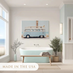 Minimalist coastal canvas print with retro camper van and surfboards in pastel palette