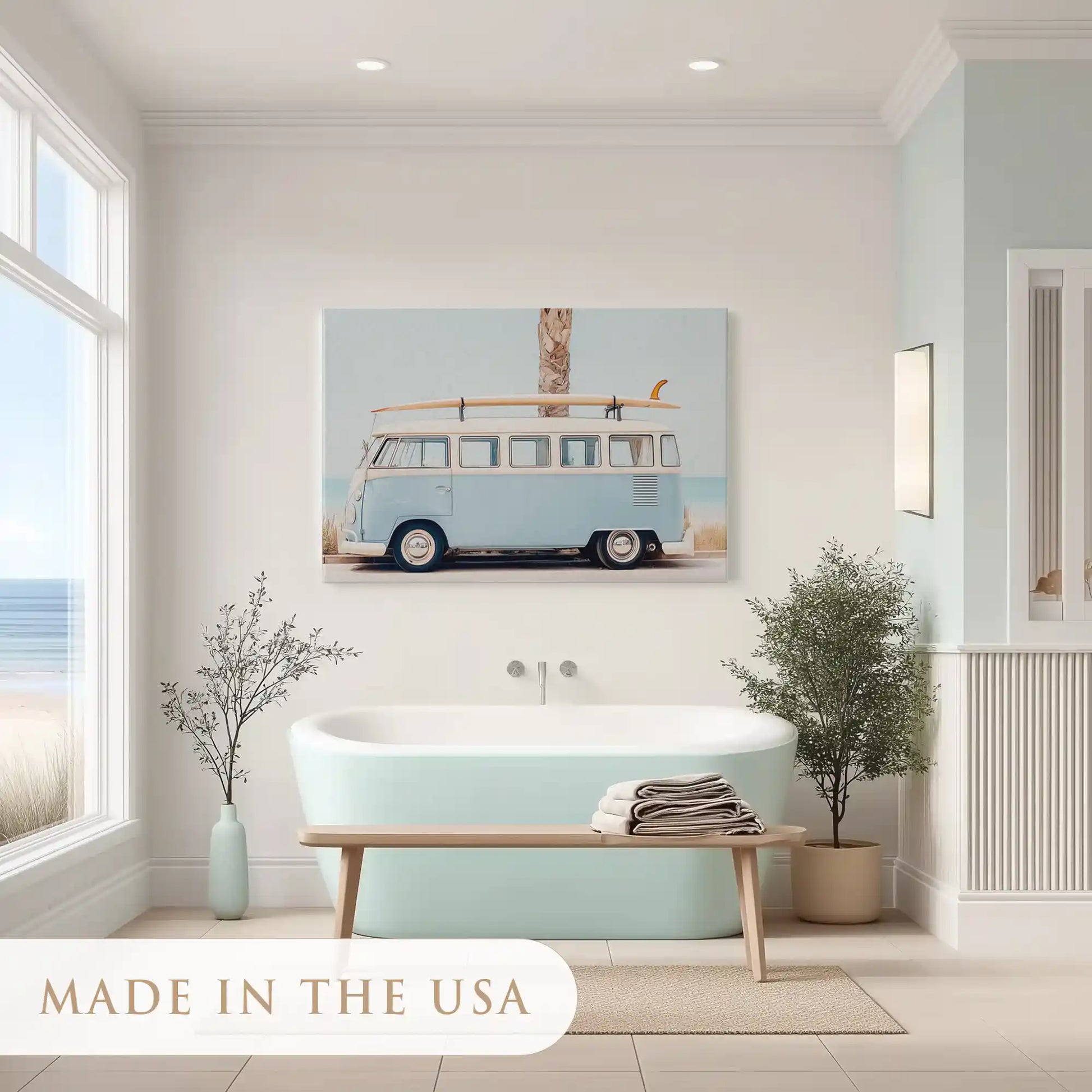 Minimalist coastal canvas print with retro camper van and surfboards in pastel palette