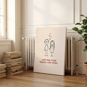 Canvas wall art print with a minimalist romantic theme, featuring a cartoon couple, red hearts, and playful text in a cozy setting.