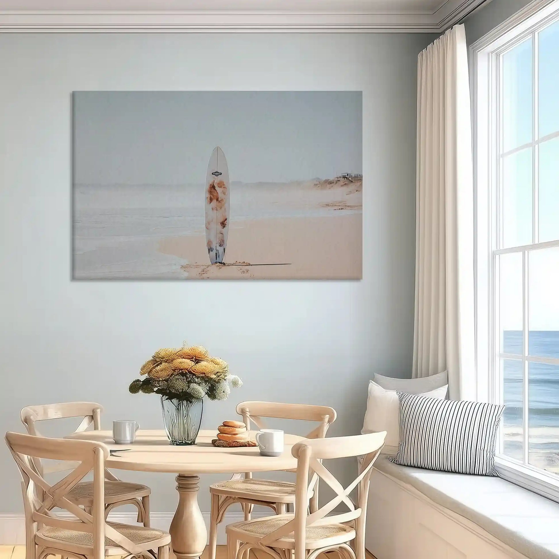 Oversized beach surfer canvas wall art enhancing bright sofa backdrop