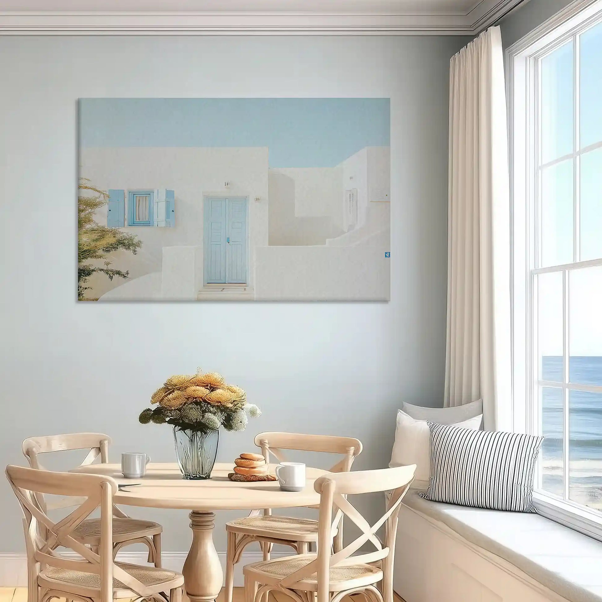 Neutral white and blue coastal canvas art enhancing serene bedroom wall design