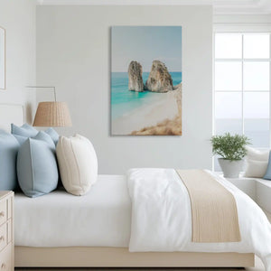 Tranquil ocean rock canvas art complementing coastal-inspired home design with soft hues