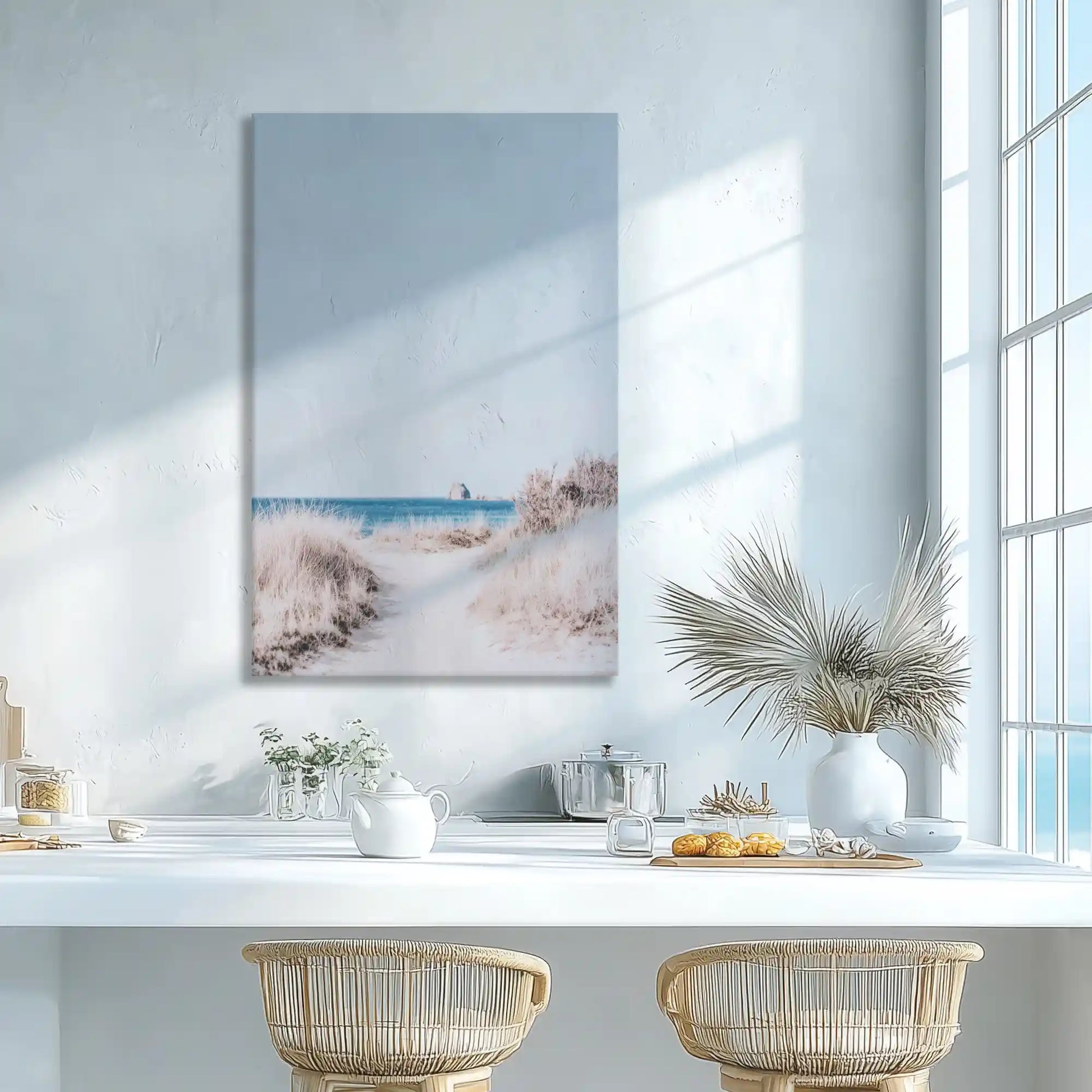 Coastal path and sea view wall decor adding light to dining room