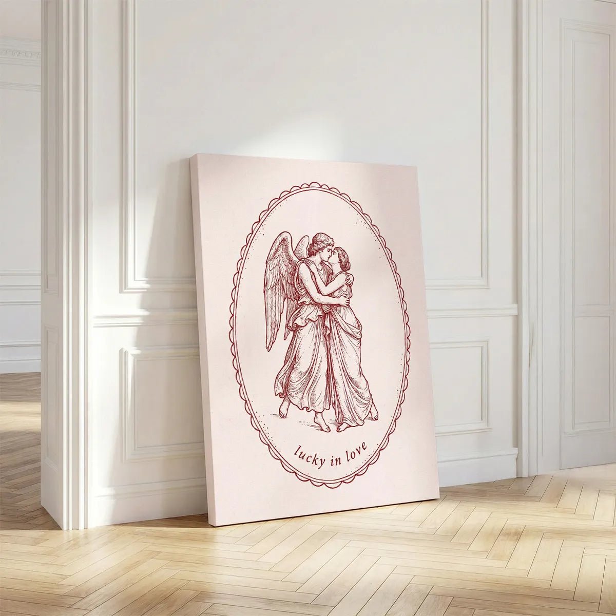 Vertical canvas art portraying a symmetrical composition of two lovers in a vintage embrace, ideal for neutral-toned romantic interiors.