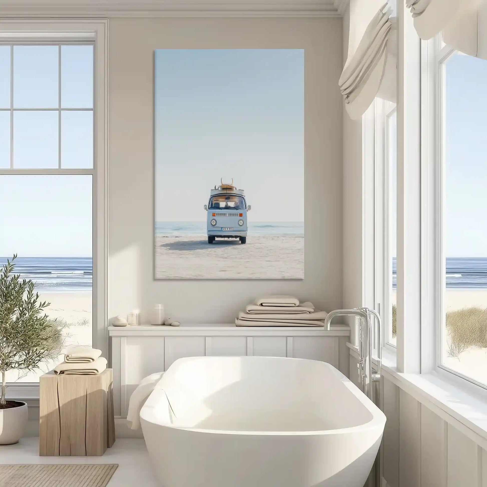 Serene camper van canvas art enhancing beach style wall decor