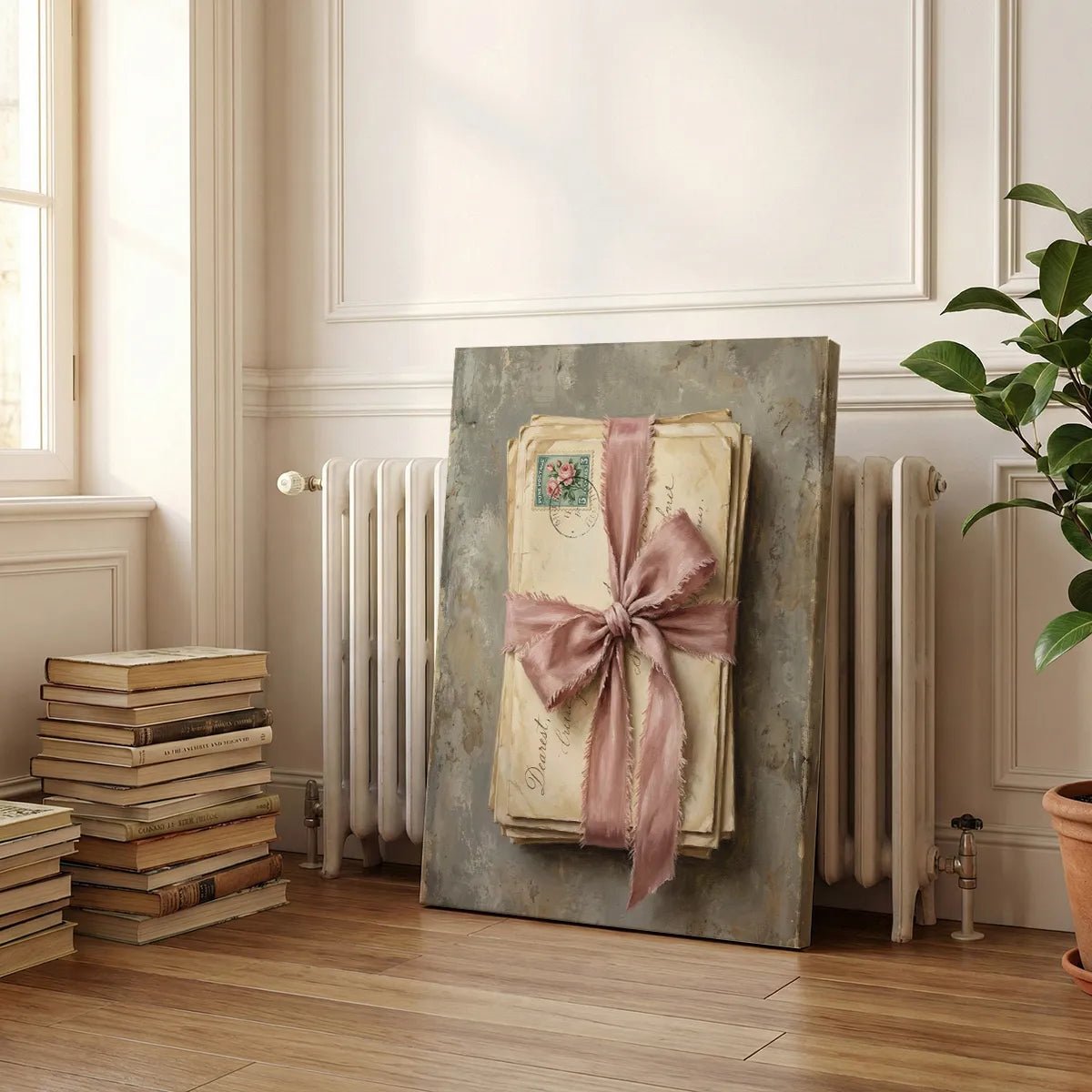 Vertical canvas art with centralized love letters and ribbon, ideal for rustic or shabby chic interiors.