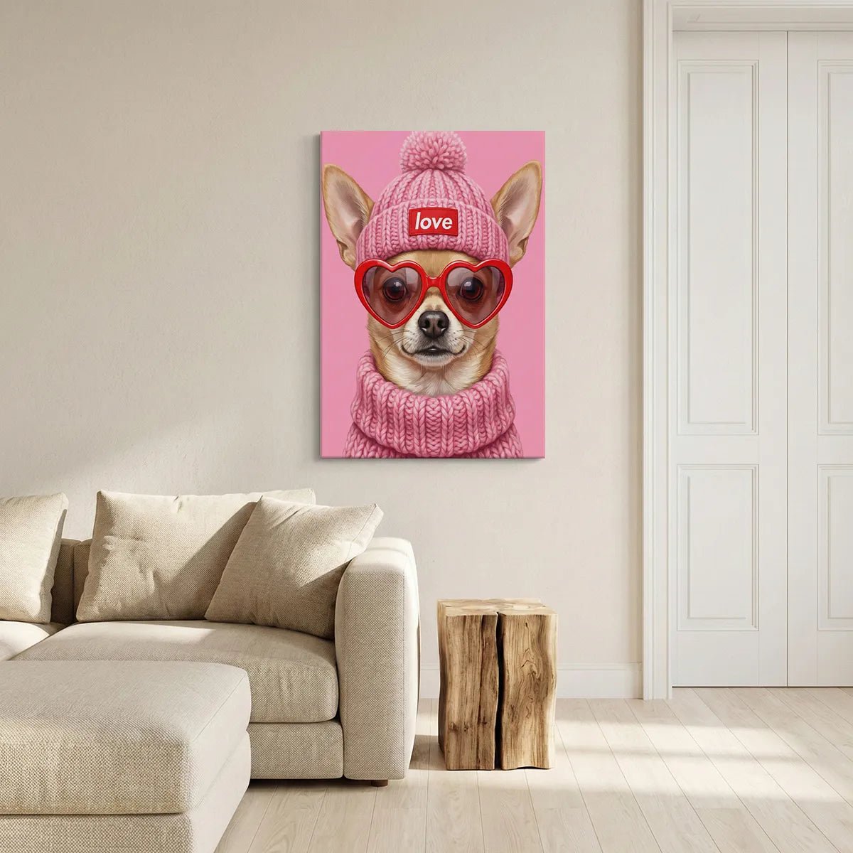 Bold canvas print showing a cheerful chihuahua in a pink pom-pom hat with 'love' text and red heart glasses in pop art style