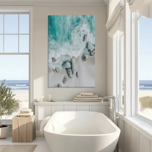 Neutral coastal shoreline canvas art enhancing modern wall decor with natural seaside tones
