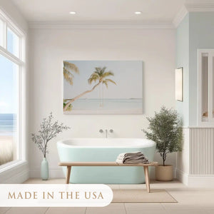 Peaceful palm and ocean painting adding tropical charm to contemporary interiors