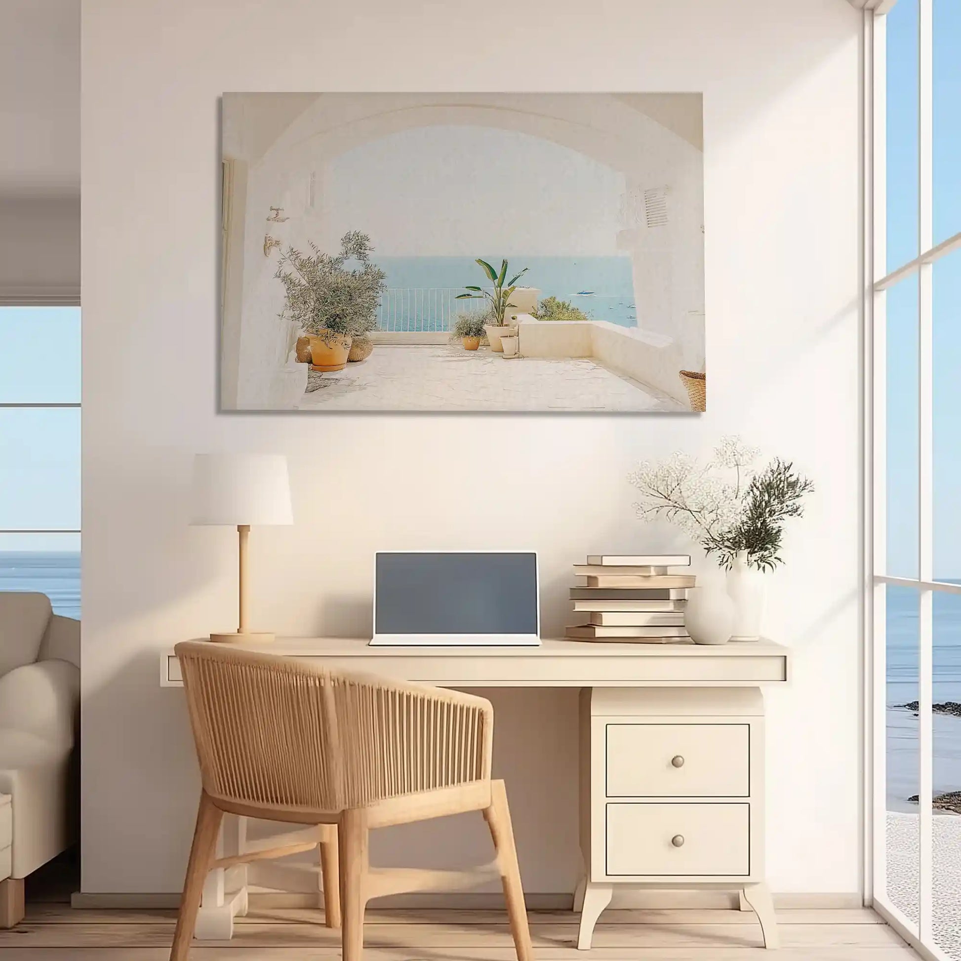 Oversized seaside terrace canvas print styled as elegant wall decor for homes