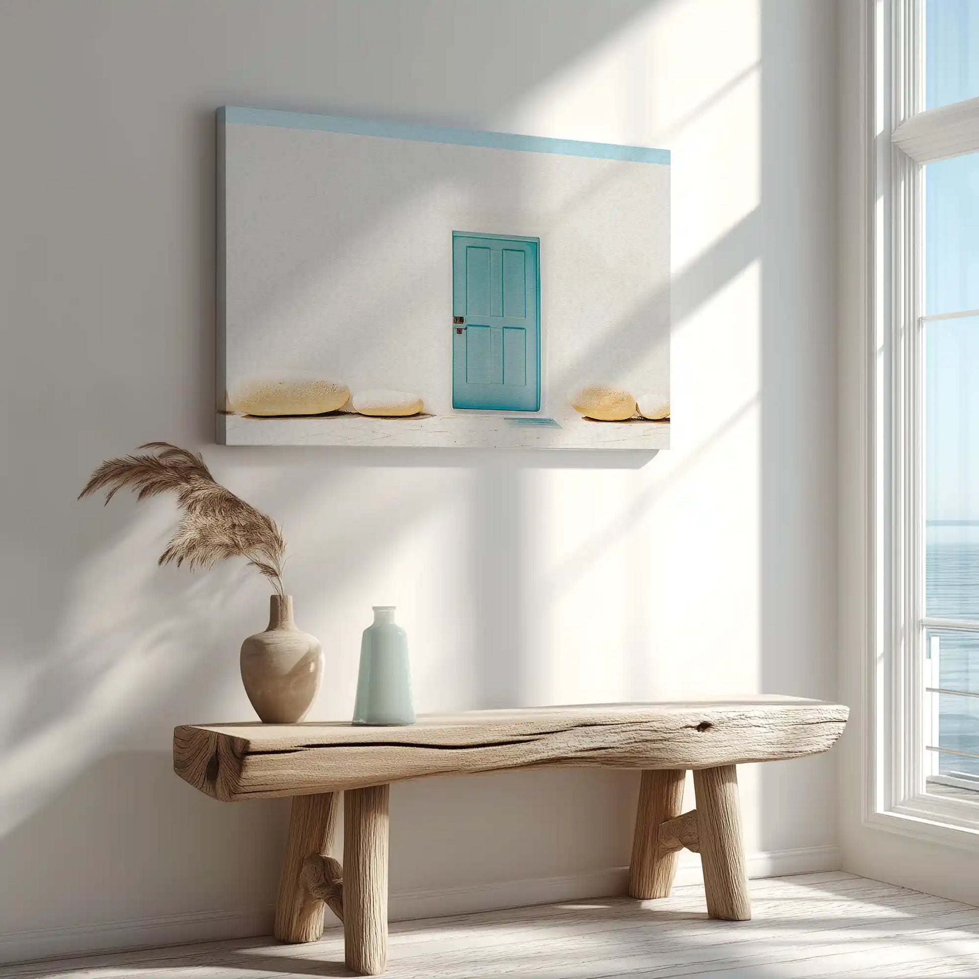 Mediterranean canvas wall art with bright turquoise door for modern coastal interiors