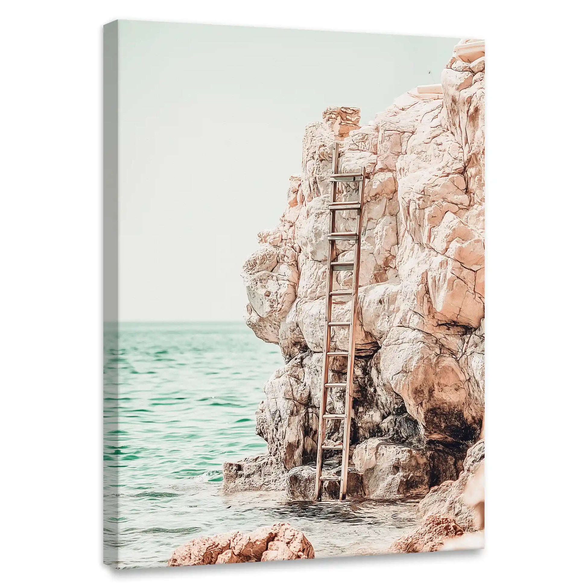 Rustic coastal cliff canvas wall art for bedroom with turquoise sea and weathered wooden ladder