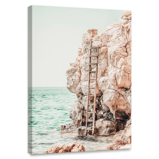 Rustic coastal cliff canvas wall art for bedroom with turquoise sea and weathered wooden ladder