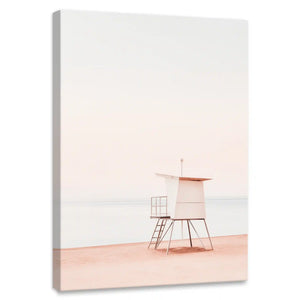 Minimalist lifeguard tower canvas wall art for bedroom with soft pastel seaside tones