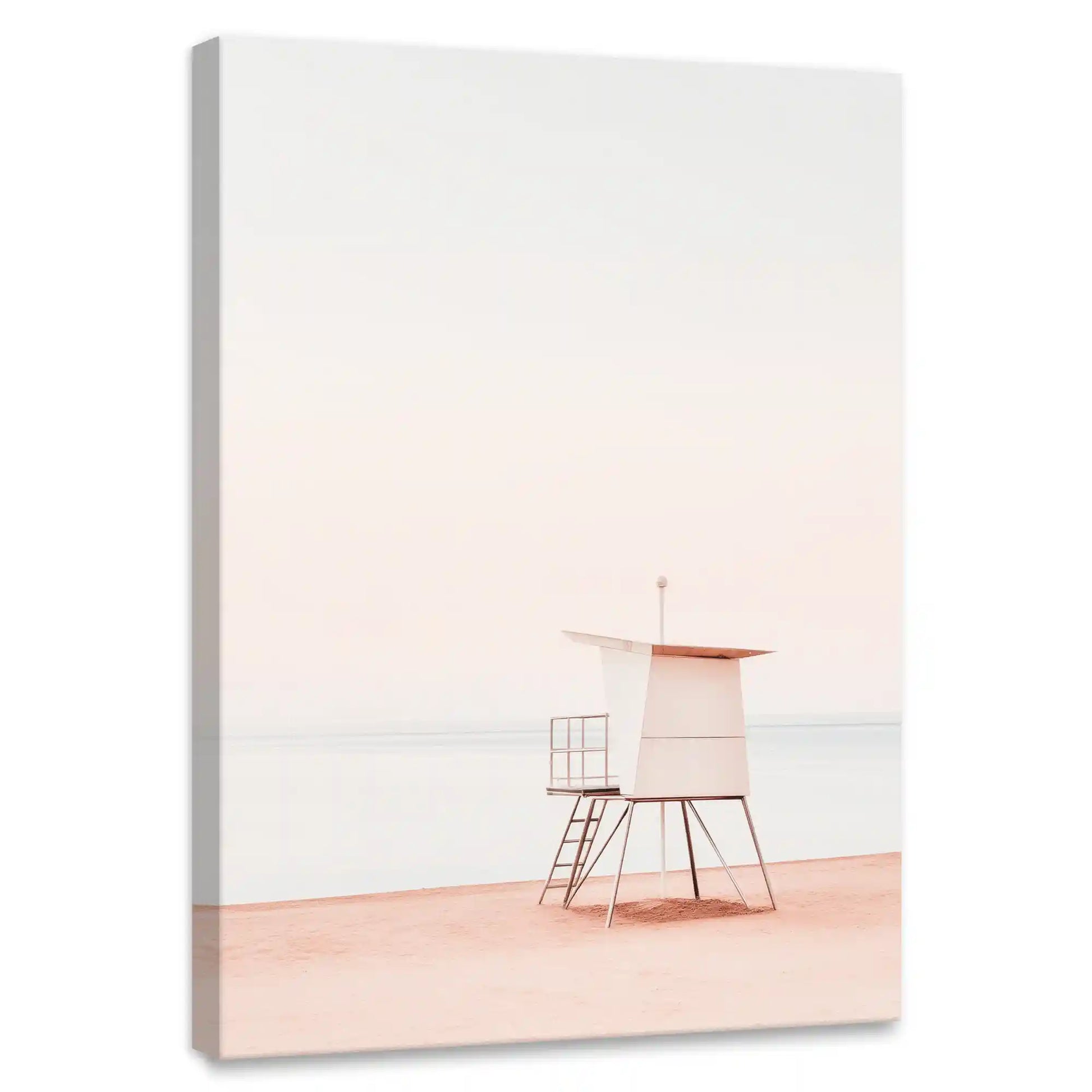 Minimalist lifeguard tower canvas wall art for bedroom with soft pastel seaside tones