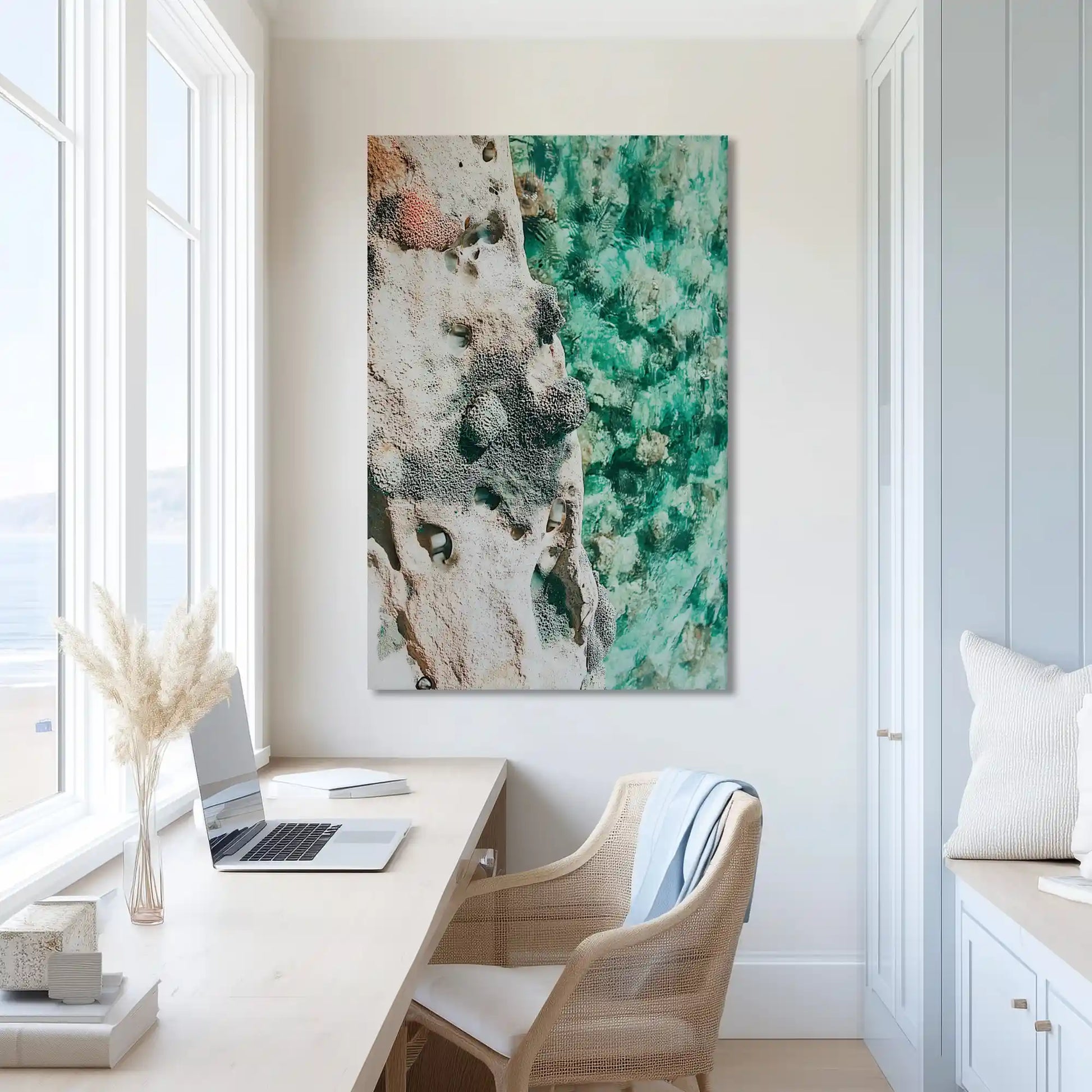 Extra large aerial ocean canvas wall art showcasing bold turquoise and beige for airy interiors