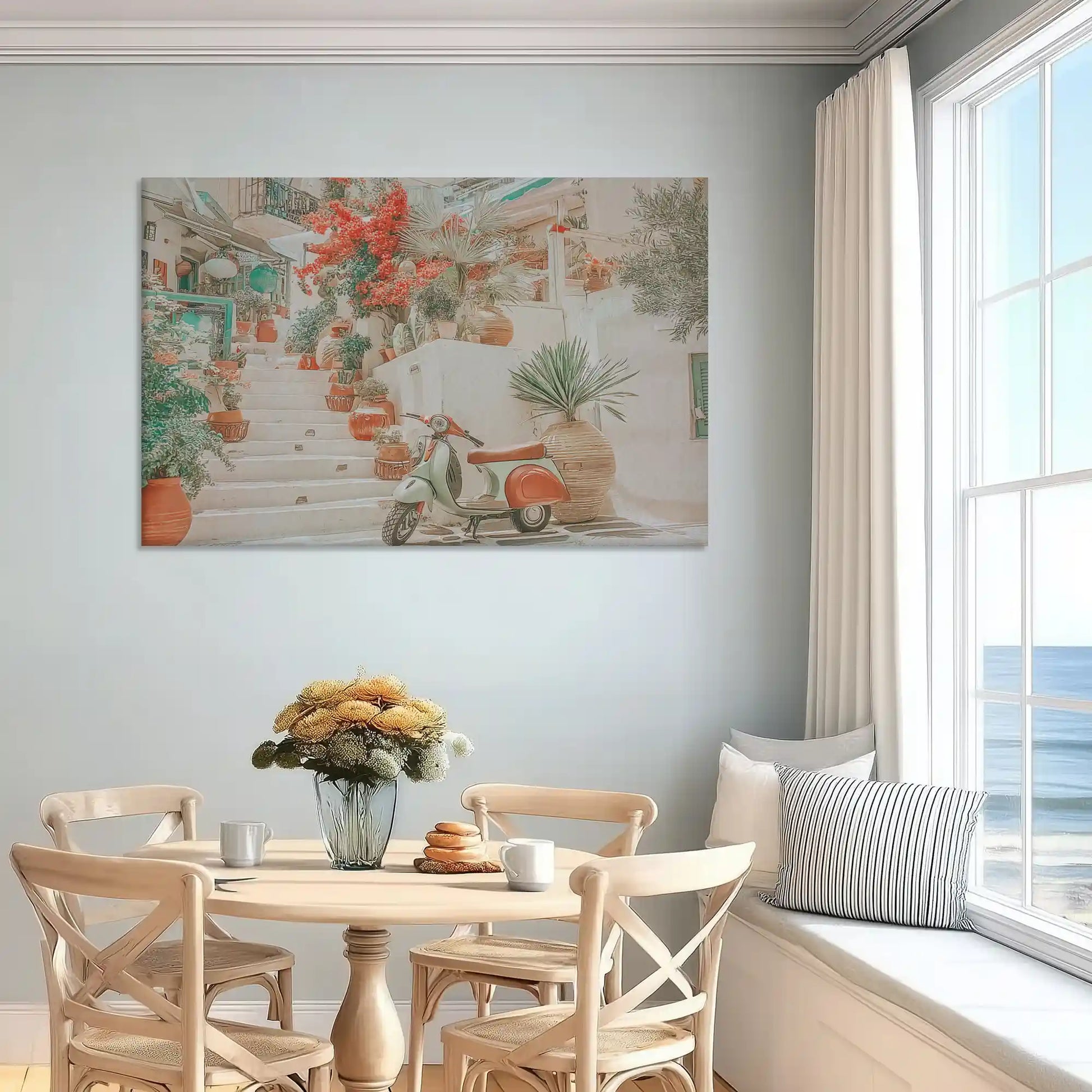 Colorful floral courtyard canvas art enhancing cozy and cheerful bedroom walls