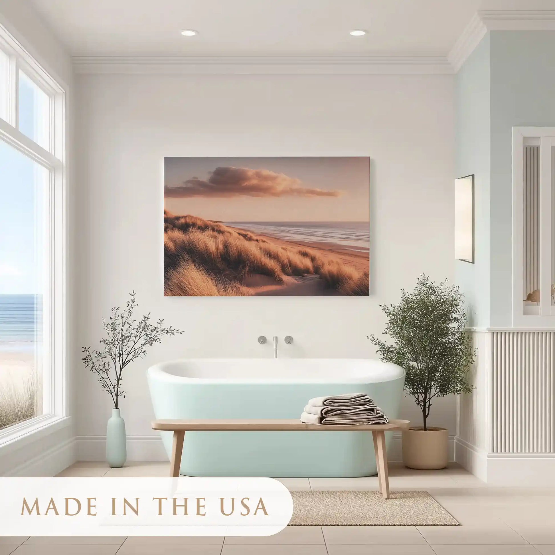 Warm golden dune landscape painting adding modern wall art flair to coastal décor