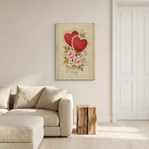 Floral canvas artwork featuring soft pink and white roses with green leaves encircling two ornate red hearts in a vintage design.