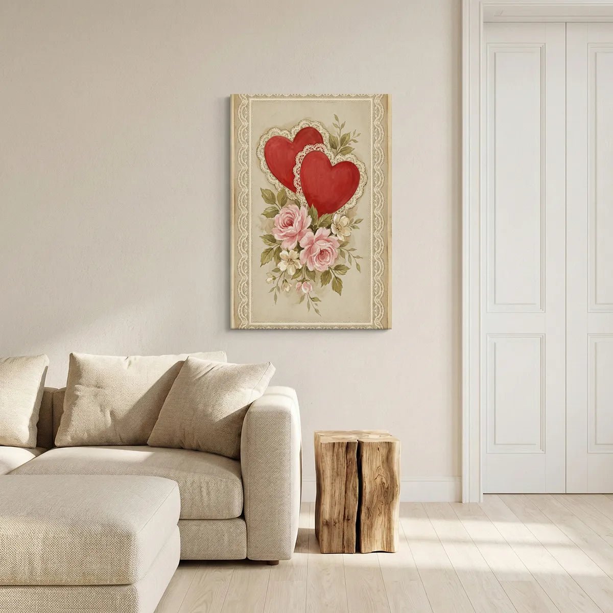 Floral canvas artwork featuring soft pink and white roses with green leaves encircling two ornate red hearts in a vintage design.