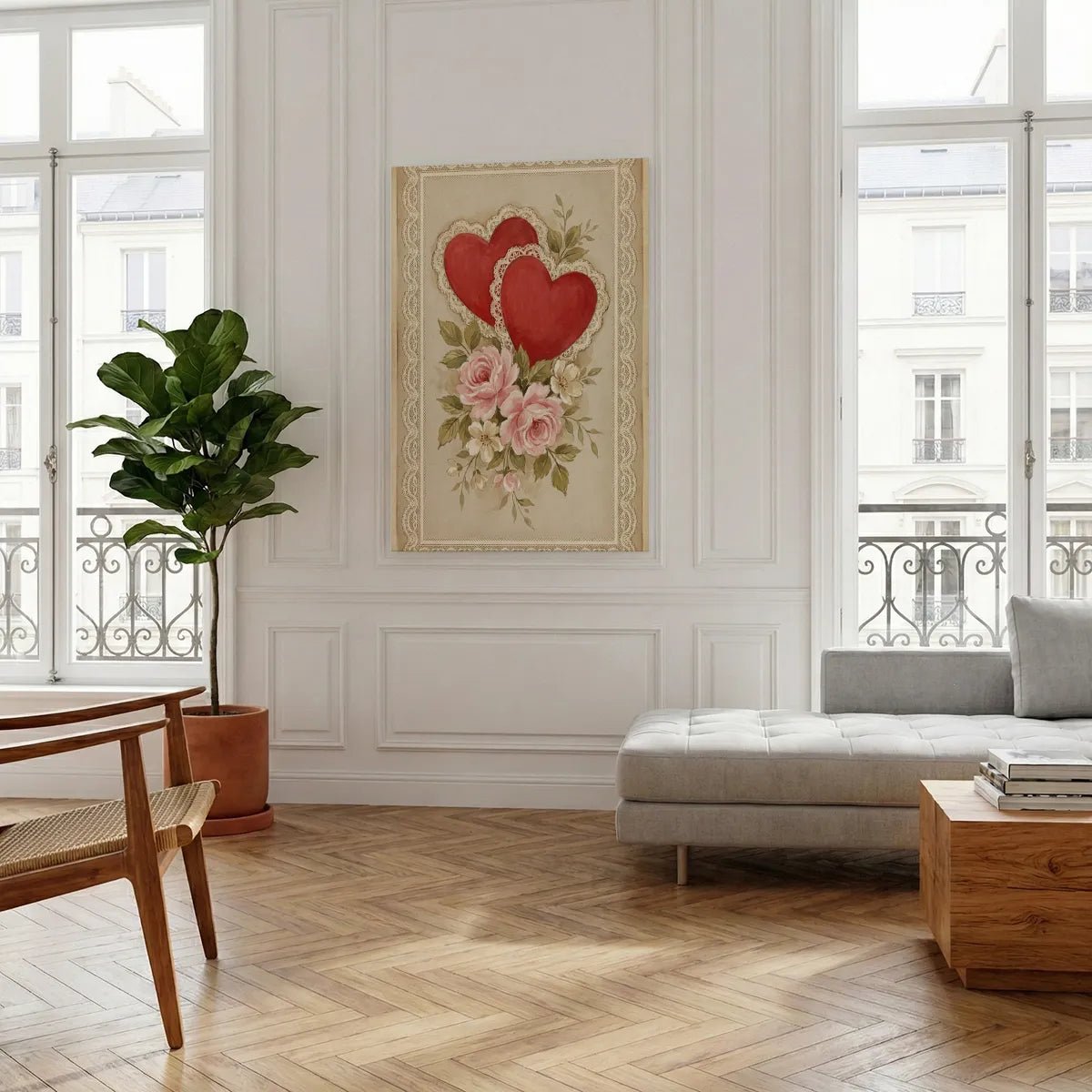 Canvas wall art print with a centered romantic composition of lace-trimmed hearts and roses, rendered in a gentle, hand-painted style.