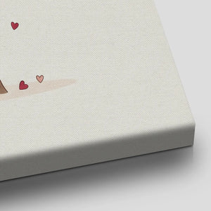 Vertical canvas art portraying a centered tree with heart-shaped foliage in a gentle, cheerful composition and minimalist style.