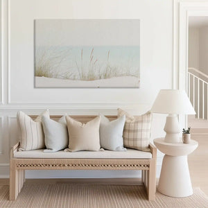 Large coastal horizon canvas print perfect for above sofa placement in bright rooms