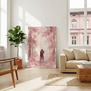 Gallery wrapped canvas showing a dreamy forest scene with a silhouetted couple and gentle, diffuse watercolor tones.