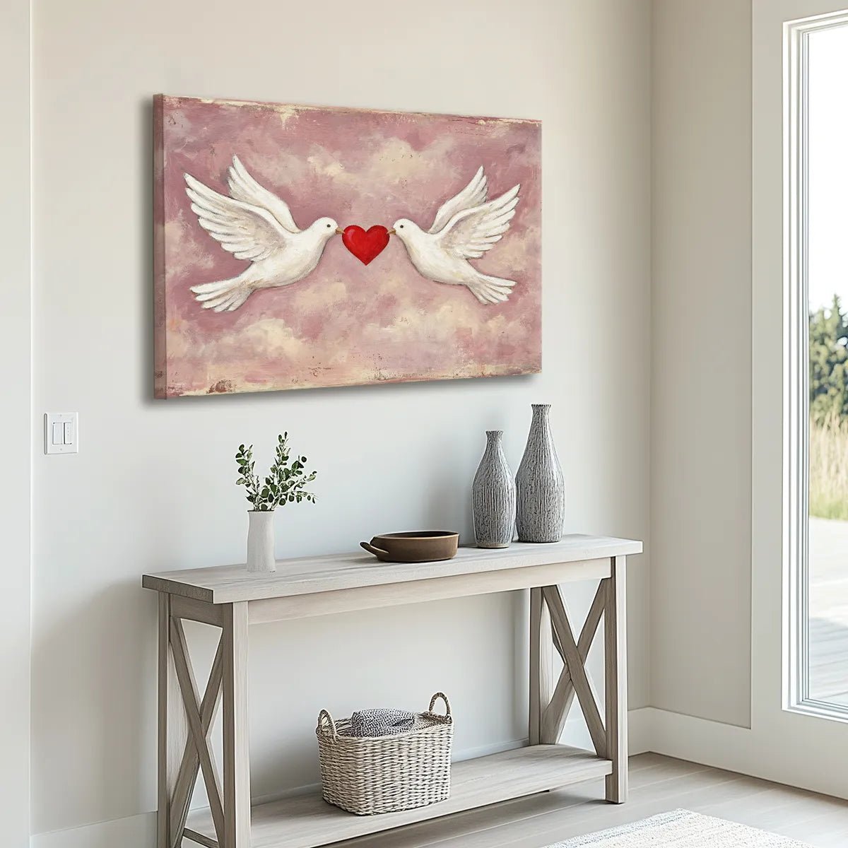 Fine art canvas with a symmetrical composition of doves and heart, rendered in warm, muted tones with a nostalgic feel.