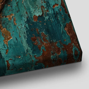 Decorative canvas print with a textured gold heart design layered over a rustic teal and copper background.