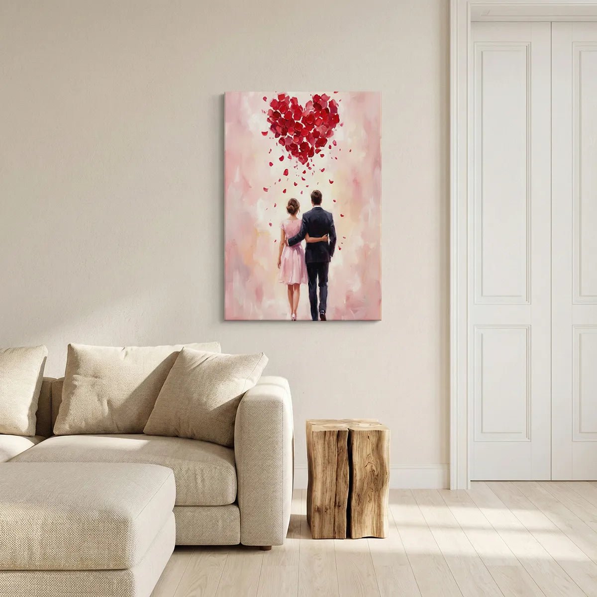 Romantic canvas wall decor depicting a couple embraced under a heart-shaped rose petal design, with soft blended brushstrokes
