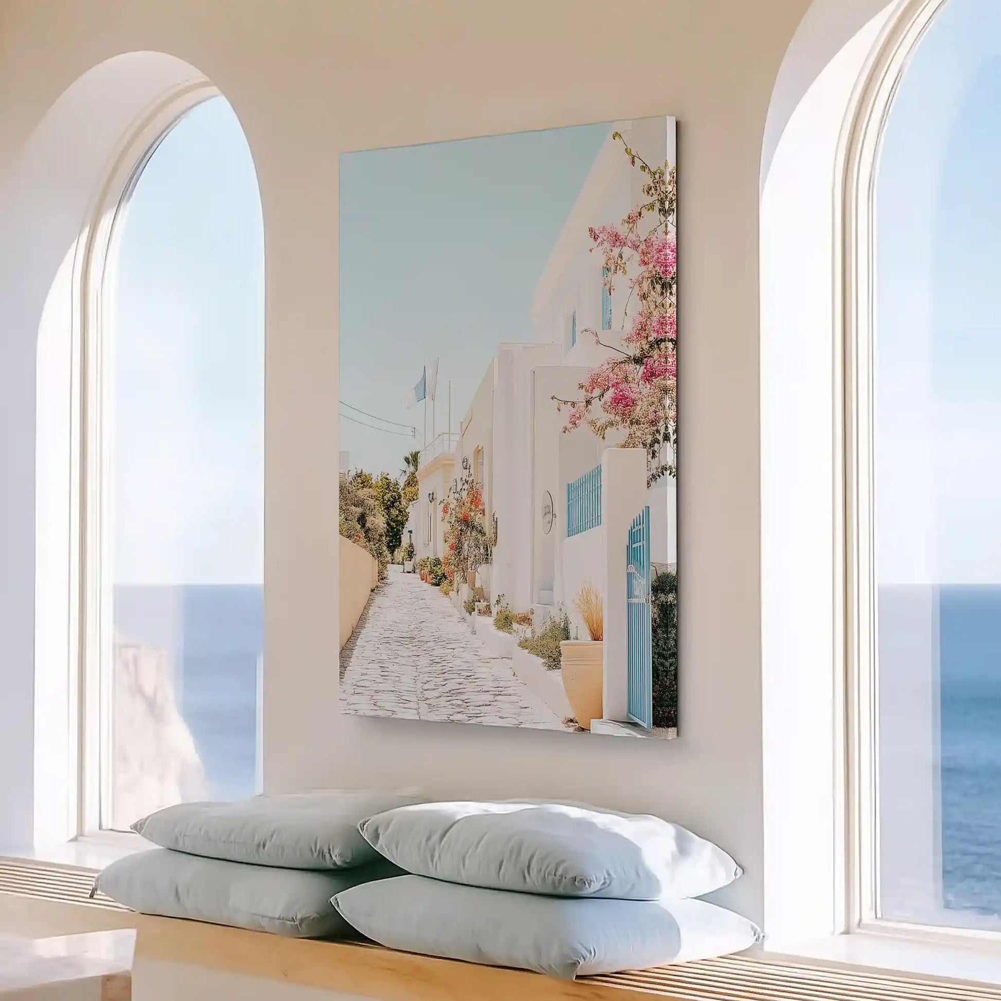 Large pastel village painting perfect for above the bed wall placement