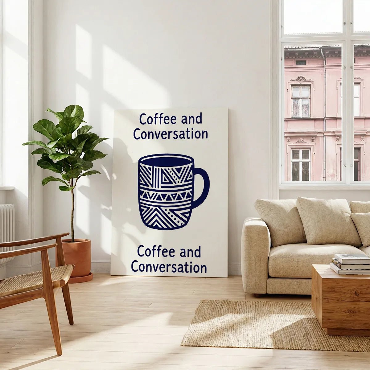 Fine art canvas with a clean, geometric coffee mug and centered lettering, evoking a warm, conversational tone.