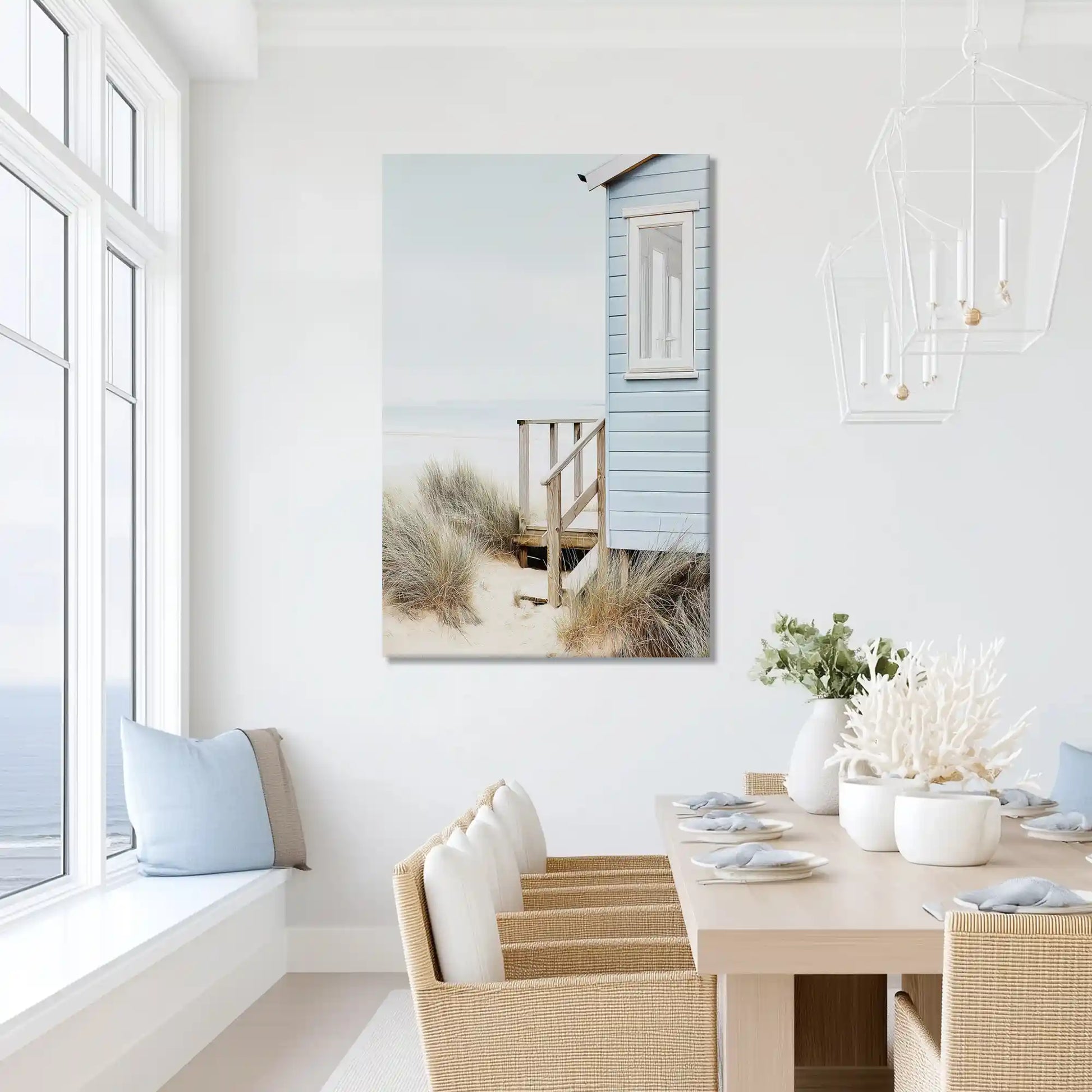 Peaceful beach hut painting with natural coastal tones, ideal for minimalist dining room design