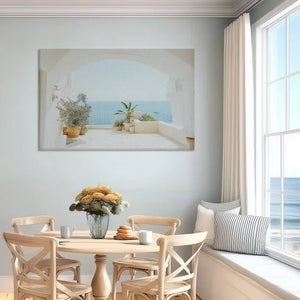 Whitewashed terrace canvas art enhancing serene bedroom wall design