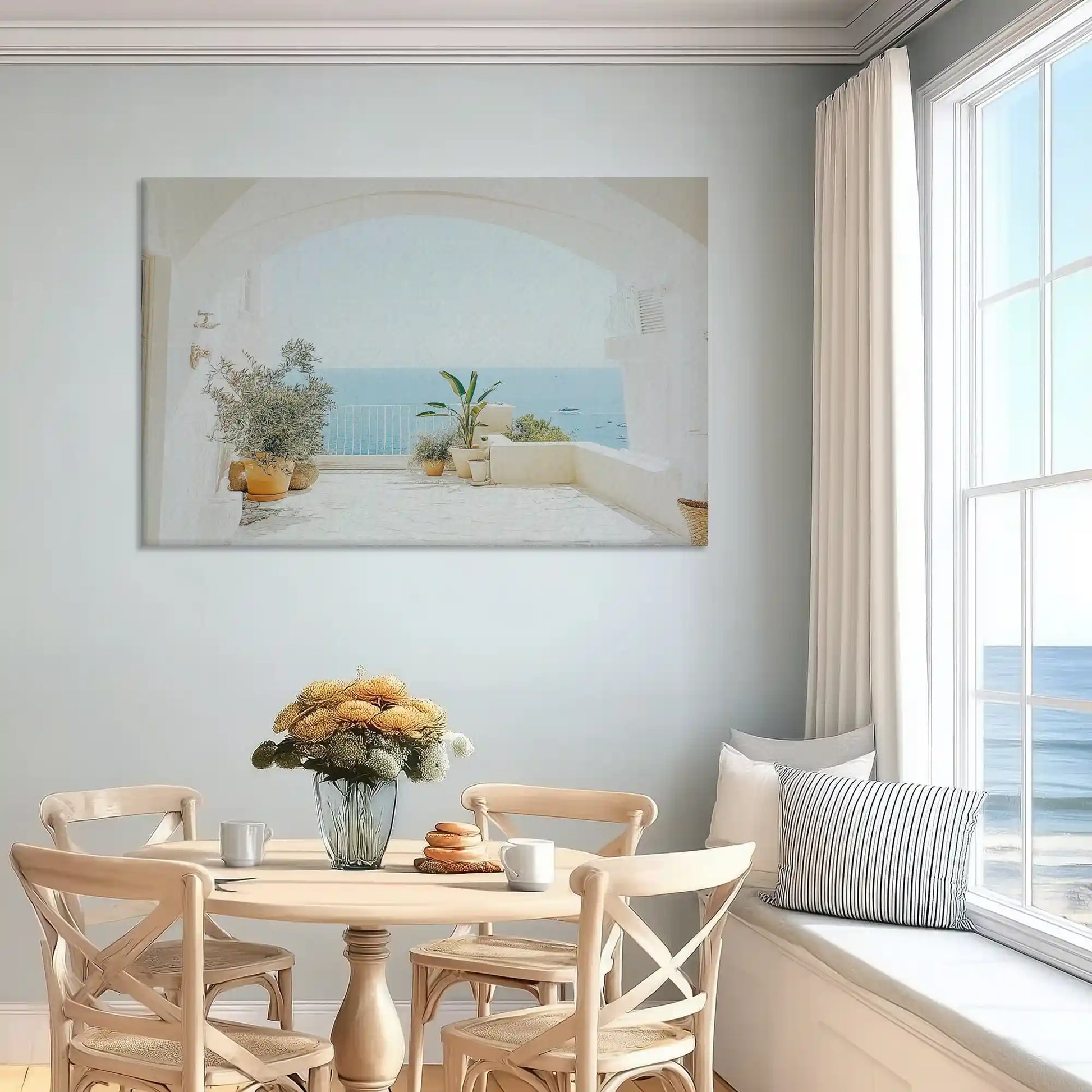Whitewashed terrace canvas art enhancing serene bedroom wall design