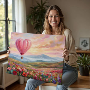 Vertical canvas art showing a heart-shaped balloon rising over a wide floral meadow with a tranquil sky and mountain view.