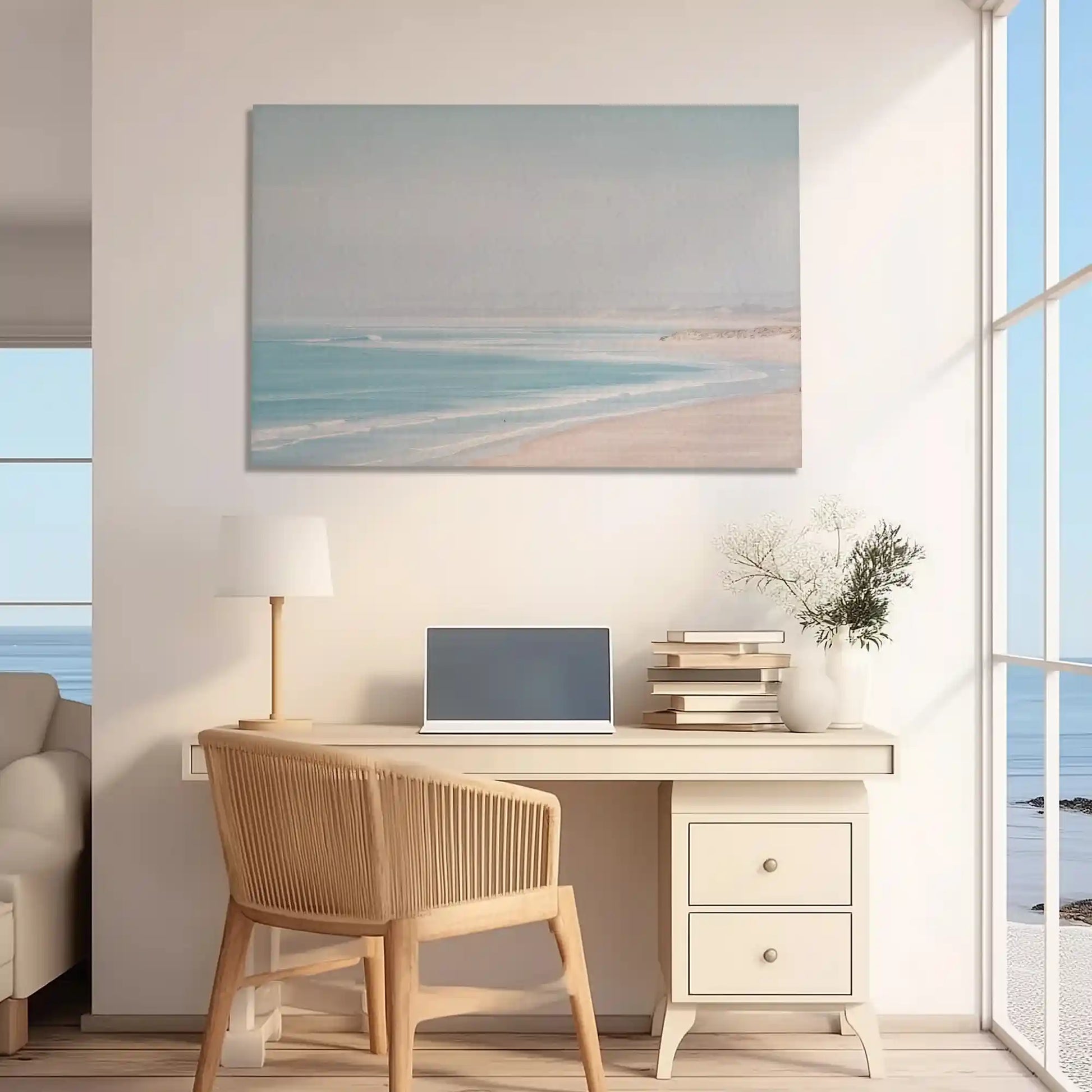 Oversized shoreline canvas print styled as modern coastal wall decor for homes