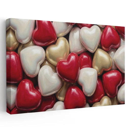 Glossy red, white, and gold heart cluster featured on a romantic canvas wall art with a bold, modern aesthetic