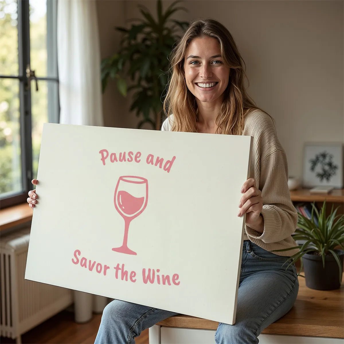 Minimalist canvas wall art with soft pink tones and centered wine glass illustration under curved quote text.
