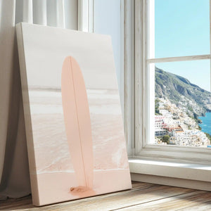 Single surfboard on shoreline captured in canvas print with clean style