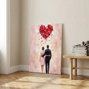 Vertical canvas art showing a couple from behind beneath a floating heart of red petals, with a warm pastel color palette