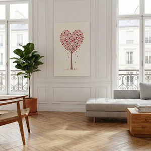 Canvas wall art print showing a whimsical tree with heart-shaped red and pink leaves forming a large heart, perfect for romantic settings.