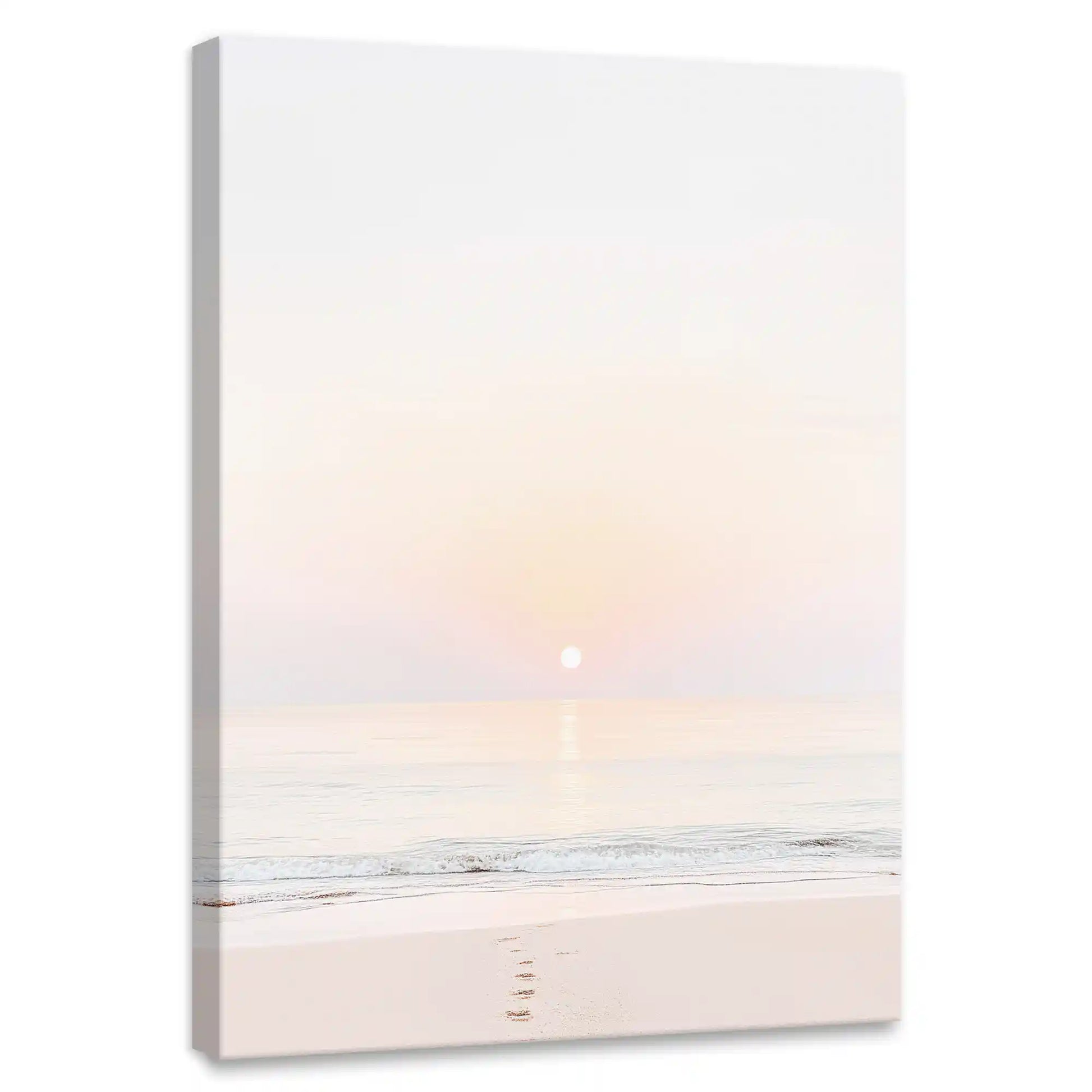 Minimalist coastal sunrise canvas wall art for bedroom featuring soft pastel hues over calm ocean