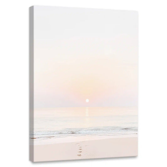Minimalist coastal sunrise canvas wall art for bedroom featuring soft pastel hues over calm ocean