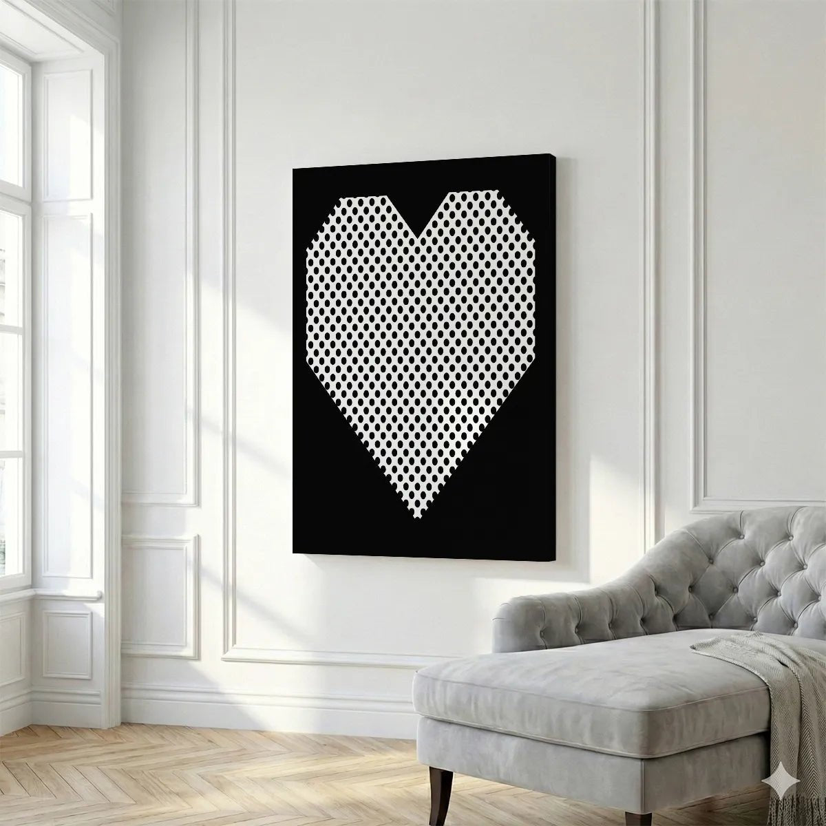 Canvas artwork displaying a large polka-dotted heart in a flat, graphic rendering style with sharp edges and bold contrast