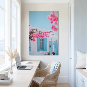 Vibrant floral and shutters canvas print adding color to bright interiors