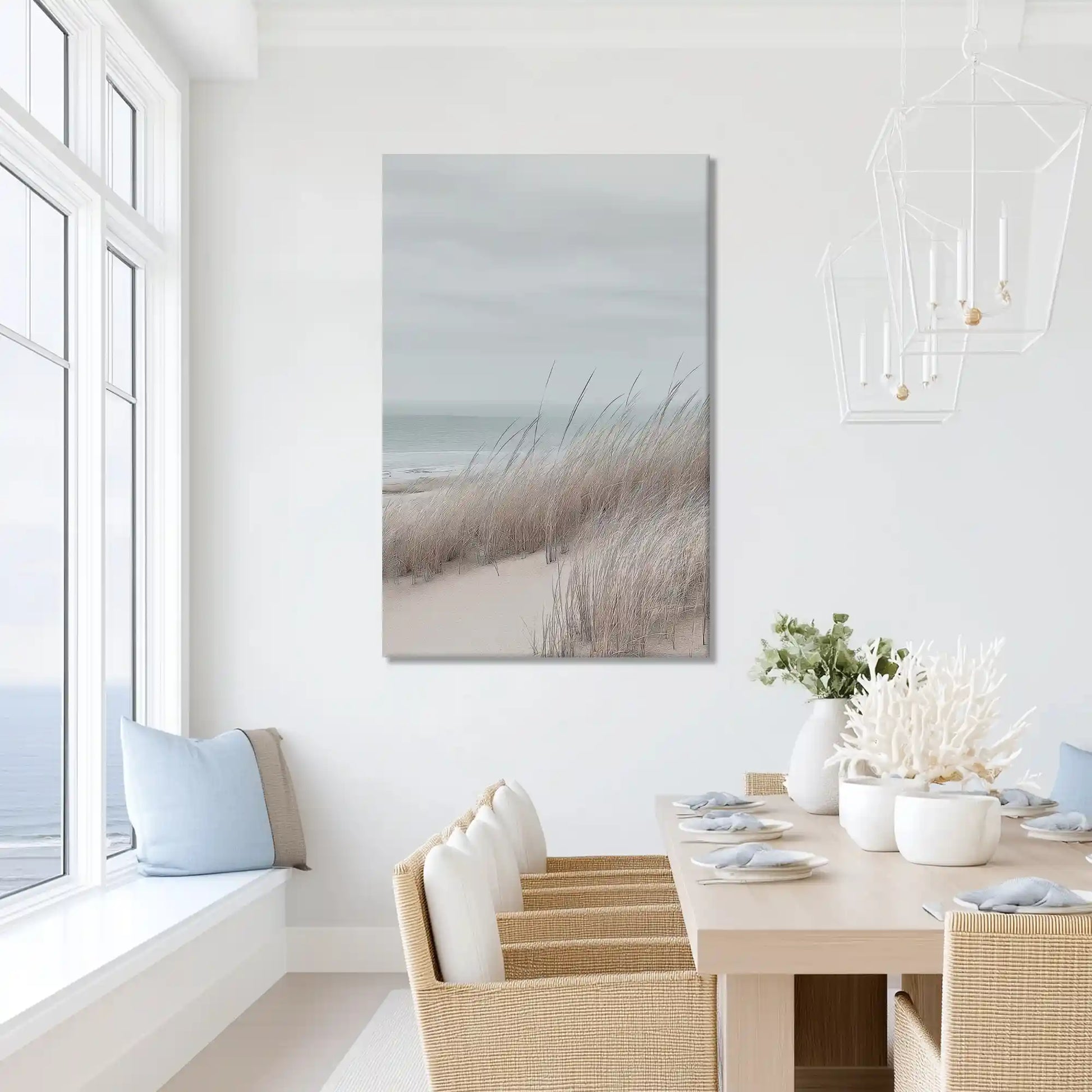 Oversized shoreline grass canvas wall art for calming bathroom retreat